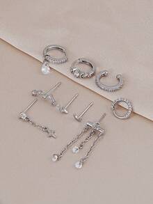 9pcs Artificial Zirconia Inlaid Star & Moon Chain Pendant Earrings Set, Fashionable Layering Accessories For Women's Daily Wear, Date, Party And Gathering - Silver - View 5