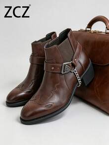 ZCZ Men's Chelsea Boots High-Top Leather Shoes Pointed Toe Fashion Leather Boots Thick Sole Chain Buckle Boots Chelsea Boots - Brown - View 10