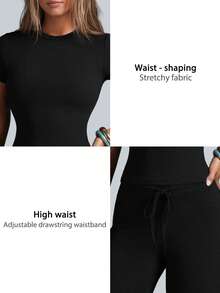 NcmRyu Women's One Set Solid Color Round Neck Short Sleeve Drawstring Straight Leg Pants Sports Set - Black - View 4