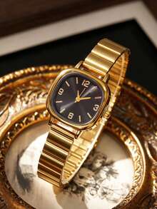 2 piezas Reloj de mujer con banda de acero dorado vintage francés, combinado con pulsera LOVE, reloj de pulsera versátil para uso diario, regalo perfecto para mujeres - Dorado - Ver 5