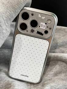 韓系 Ins 極簡白色波點狗狗圖案手機殼，適用於 Apple 17 Pro、16 Pro Max、15、17、14 PM、13，電鍍鏡面效果，大窗設計，全包覆硬殼，女性專屬高級風 - 白色 - 查看 4