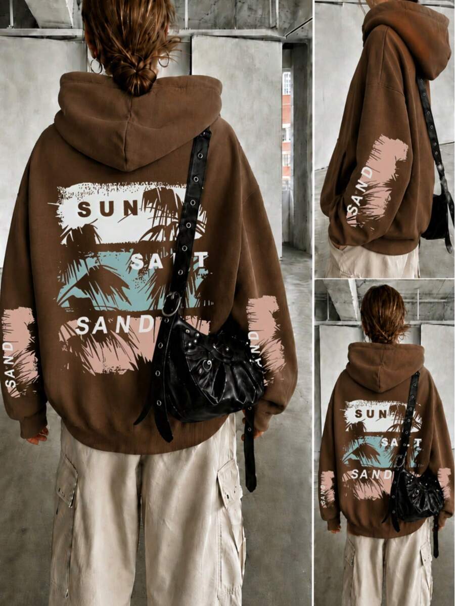SAND 印花大尺碼女款休閒連帽衛衣,棕色,秋冬款 - 棕色 - 查看 1