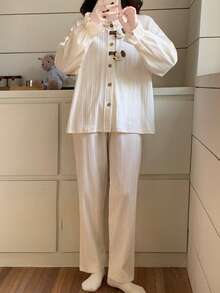 2pcs/Set Women's Pajamas Loungewear Set, Cute Puppy Pendant Solid Color Cardigan Round Neck Long Sleeve Pants, Easy Care Fabric - Champagne - View 3