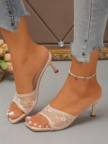 Beige Summer New Woven Breathable Open Toe High Heel Sandals With Bow Knot, Versatile Minimalist Thin Heel Sandals For Women - Beige - View 4