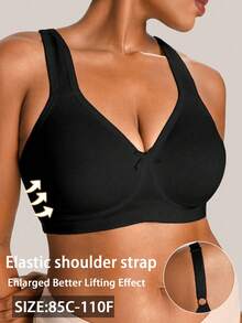 1pc Casual Comfortable Minimalist Plus Size Women's Bra, Wire-Free Soft Comfortable Lingerie - Black - View 4