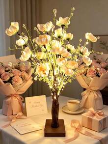 1pc 60CM Poppy Azalea Tree Light, 24 LED Warm White, 3-Section 5 AA Battery Box & USB Dual Power, Artificial Flower Tree Ambient Light, Girly Bedroom Desk Wedding Valentine's Day Proposal Party Homestay Live Stream Background Decor Ornament - Yellow - View 7