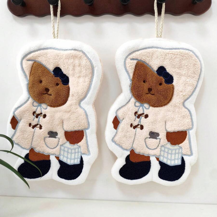Toalla de Mano Infantil con Diseño de Oso Bordado, de Felpa Coral Súper Absorbente, Cuadr y Colgante - Toalla de mano de terciopelo coral - Oso con capucha [2 unidades] - Ver 1