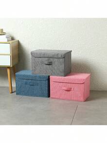1pc Washable Linen Foldable CD Storage Box, Foldable Storage Bin, Toy Organizer Basket With Lid, Laundry Basket - Camel - View 2