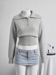 Women Lapel Collar Half Button Crop Sweater Drop Shoulder Long Sleeve Ribbed Hem Fitted Waist Knit Jumper Casual Streetwear Pullover - Grey - View 5