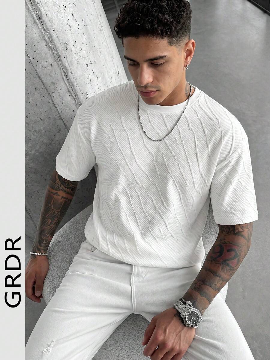 GRDR Minimalist Textured Short Sleeve T-Shirt, Casual Commuter Versatile Top For Men, Summer - White - View 1