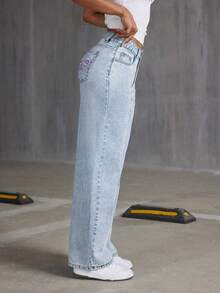 Teen Girls Loose Fit Bow Print Denim Wide Leg Pants - Light Wash - View 5