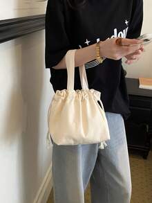 Rice Apricot Plain Drawstring Tote Bag With Wide Woven Handles, Customizable Print Blank Basic Style For Daily Commute And Miscellaneous Storage Small Tote - Beige - View 3