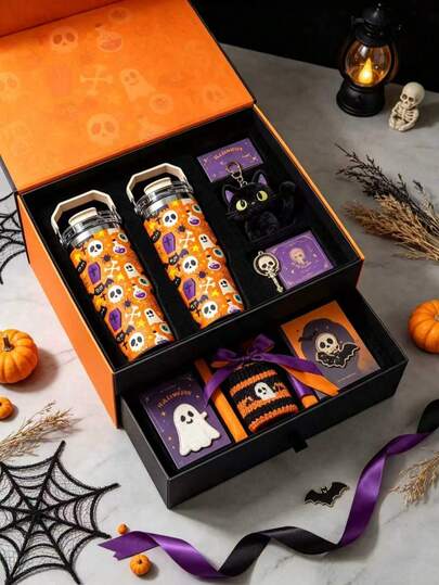 1 cái/5 cái ly giữ nhiệt 30oz họa tiết Halloween rùng rợn cổ điển toàn thân, cốc inox nắp bật tay cầm gấp gọn nhẹ, thiết kế nhà ma, cú và mèo đen, bình uống du lịch cho dã ngoại ngoài trời hàng ngày