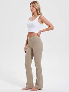KyrLssu Women High Waist Seamless Ribbed Waistband Leggings, Solid Tummy Control Stretch Yoga Fitness Ankle Pants - Khaki - View 3