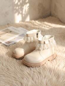 1 Pasang Sepatu Bot Pendek Anak Perempuan Model Baru 2026, Desain Sol Tebal dengan Resleting Samping dan Renda Mutiara Jala, Gaya Putri Manis, Cocok untuk Pemakaian Sehari-hari dan Pesta Ulang Tahun - Putih - View 5