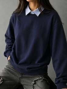 Women's Autumn/Winter New Loose 2 In 1 Sweatshirt, Minimalist Casual Fashion Versatile Top - Navy Blue - View 2
