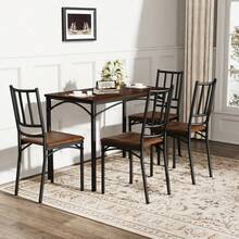 Dining Table Set, Bar Table With 4 Dining Chairs, Kitchen Table With Chairs, Industrial Style Breakfast Table For Kitchen, Living Room, Party Room, Walnut Wood, 110cm*60cm*76.5cm - Walnut - View 3
