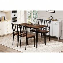 Dining Table Set, Bar Table With 4 Dining Chairs, Kitchen Table With Chairs, Industrial Style Breakfast Table For Kitchen, Living Room, Party Room, Walnut Wood, 110cm*60cm*76.5cm - Walnut - View 4
