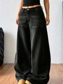 Teenagers' Fashionable Wide-Leg Black Casual Denim Jeans - Black - View 3