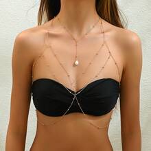 1pc Minimalist Single Layer Women's Chest Chain Jewelry, Non-Fading Skin-Friendly, Versatile Slimming Chest Ornament For Island Vacation Swimwear - HK0041 - View 1