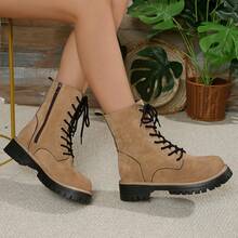 Fashion Women's Boots, Spring/Autumn/Winter New Versatile Motorcycle Ankle Boots, Lace-Up, Lightweight For Travel Or Daily Wear - Brown - View 2