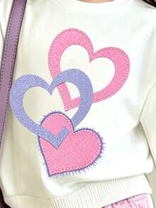 Young Girl Heart Print Crew Neck Long Sleeve Top And Flared Pants Set - White - View 4