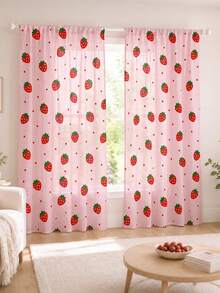 2pcs Strawberry Print Curtains, Rod Pocket Polyester Fabric, Light Pink Cartoon Strawberry Fine Polka Dot All-Over Print, Sweet Cute Girly Style, Machine Washable, Suitable For Bedroom Kitchen Home Window Decoration - Multicolor - View 3