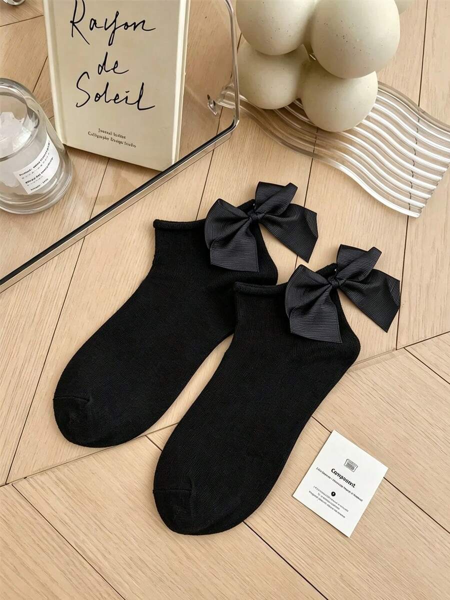 1 Pair French Elegant Black Basic Short Socks With Vertical Stripe Satin Bow Design, JK Uniform Mary Jane Shoes Matching Socks - Black - View 1