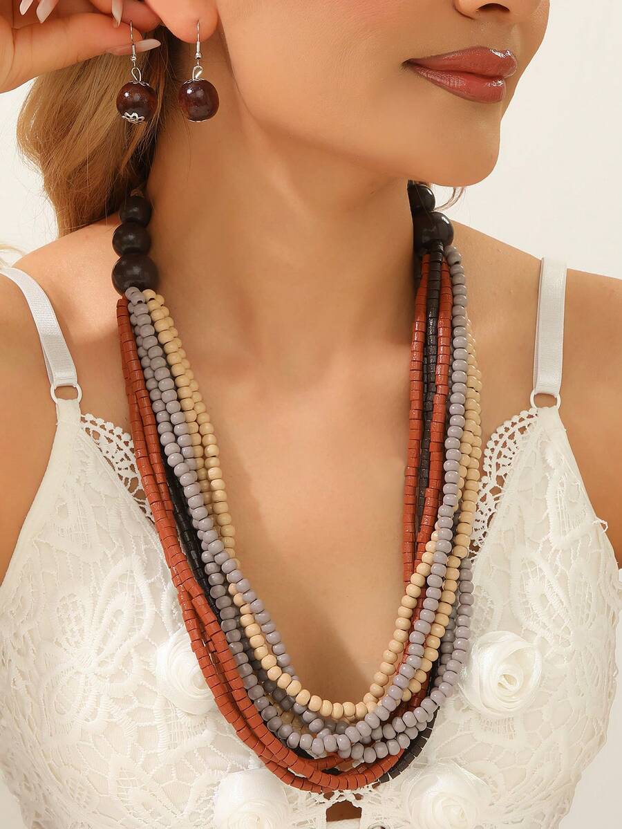 European & American African Export Multi-Layer Wooden Bead Bohemian Necklace - Coffee Brown - View 1