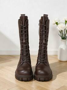 2026 New Cute Campus Style Dark Brown Knight Long Boots For Kids, British Style Children's Lace-Up Wear-Resistant Thick Sole Tall Boots, Suitable For Daily School Life, Simple Vintage Versatile Boots For Girls - Brown - View 6