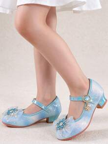 1 Pair New Rhinestone Bow Girls' Leather High Heel Princess Shoes, Fashionable Sequin Blue Shoes For Party, Wedding, Princess Dress - Blue - View 5