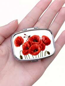 1pc Red Vintage Poppy Pattern Square Portable Pill Box, Exquisite Durable Metal Shell, Double Layer Pill Storage, Vitamin Accessory, Pocket Size, Creative Daily Gift - Multicolor - View 2