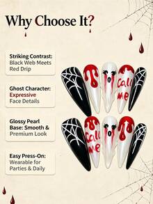1package/10pcs-Statement Halloween Nails Edgy "Call Me" Ghost High Impact Visual | Trending Fall Festival Long Stiletto Nails For Party Queens - Red and White - View 6