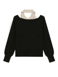 New Autumn/Winter Cold Shoulder Top Korean Style 2 Inn 1 Sweater Black - Black - View 5