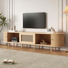 Modern Low-Profile TV Unit With Round Design And Roll-Up Shutter Door, Made Of MDF, With Drawer, Suitable For TVs Up To 75 Inches, For Living Rooms And Dining Rooms, 180x40x40cm, Wood Color. - 1 - View 3