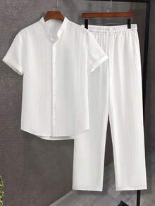 YUNCHIC Summer Ice Silk Textured White Stand Collar Short Sleeve Set Men's Lightweight Breathable Casual 2 Pieces Outfit Vacation Commute Draped Long Pants - White - View 6