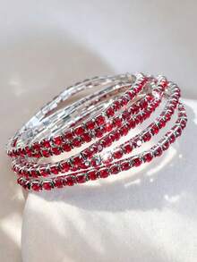 5pcs Shiny Rhinestone Elastic Bracelets Party Style Bling Bling Adjustable Pink Green Green Red Black Elastic Bangle Suitable For Women Gifts Delicate Bracelet - Red - View 2