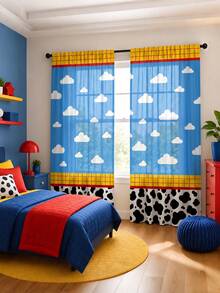 2pcs Color Block Cow & Cloud Rod Pocket Curtains, Polyester Fabric, American Style Patchwork Print, Fashion Living Room Bedroom Home Fabric Curtains - Multicolor - View 9