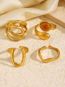 4pcs Stainless Steel 18K Gold Plated Elegant Geometric Line Water Drop Ring Set, Suitable For Women's Daily, Holiday And Date Wear - Multicolor - View 5