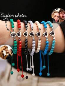 Customized Colorful Projection Bracelet, Turquoise Beaded Couple Jewelry, Romantic Gift For Girlfriend, Couples, Valentine's Day, Birthday - Style 2 - Heart - Multiple Colors - View 2
