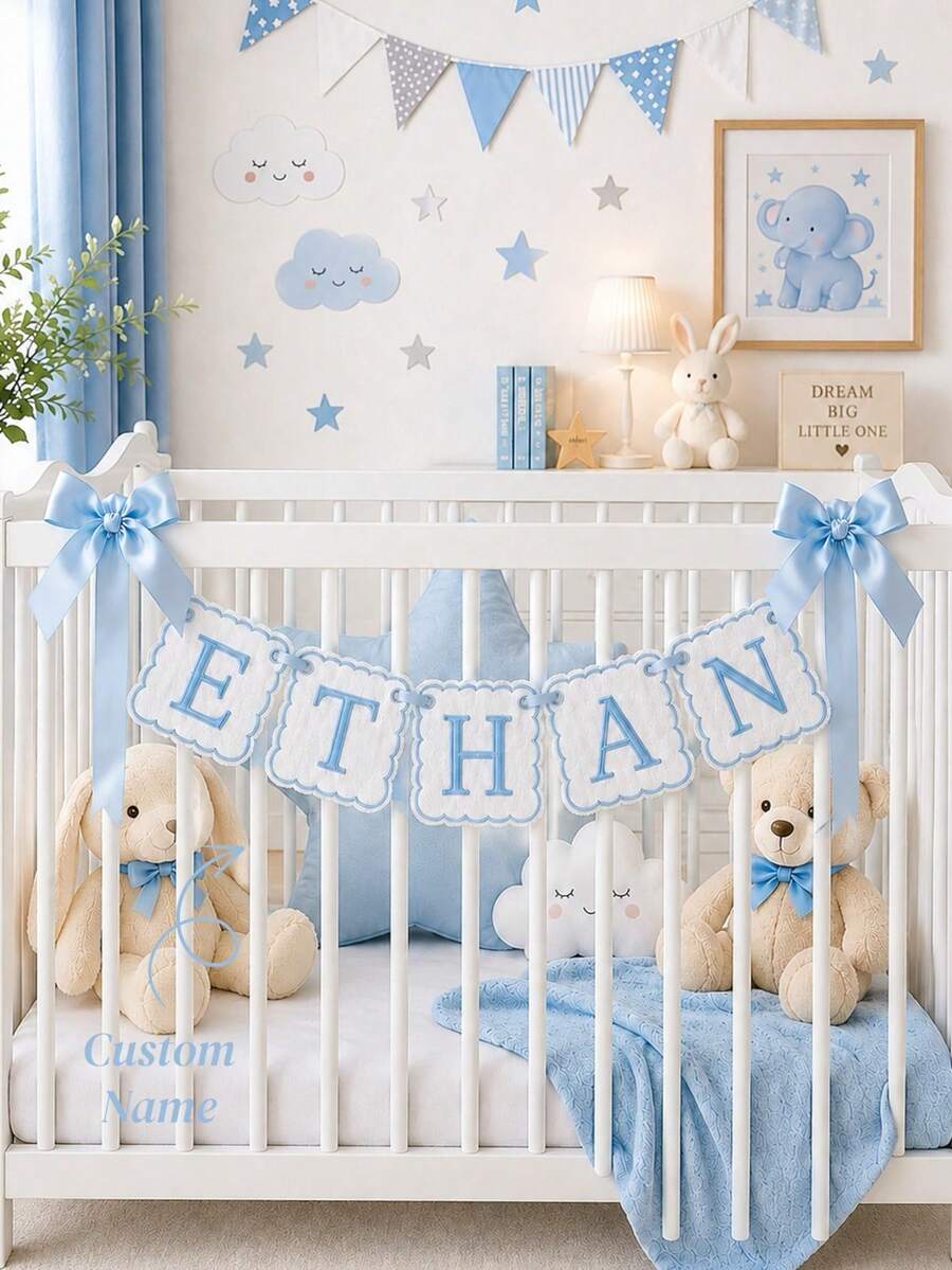 Custom Name Banner, Embroidered Wreath, Personalized Crib Decor, Baptism Gift, Fabric Name Flag, Back To School, Heirloom Quality - Multicolor - View 1