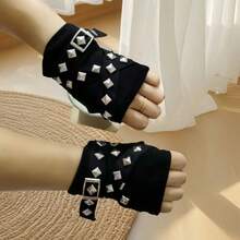 1 Pair Cool Rope Cross Rivet Fingerless Gloves, Hip-Hop Korean Style Punk Gothic Short Arm Warm Gloves, Outdoor Halloween Costume Accessory - Black - View 3