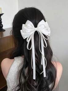 1 pieza Pinza para el cabello con lazo minimalista y femenino, lazo de cinta de satén multicolor con perlas, pinza de resorte para coleta o media coleta - Multicolor - Ver 6