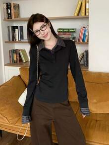 Plaid Patchwork Polo Collar 2 In 1 Long Sleeve T-Shirt Women Thin Fleece Single Wear Base Layer Top - Dark Grey - View 1