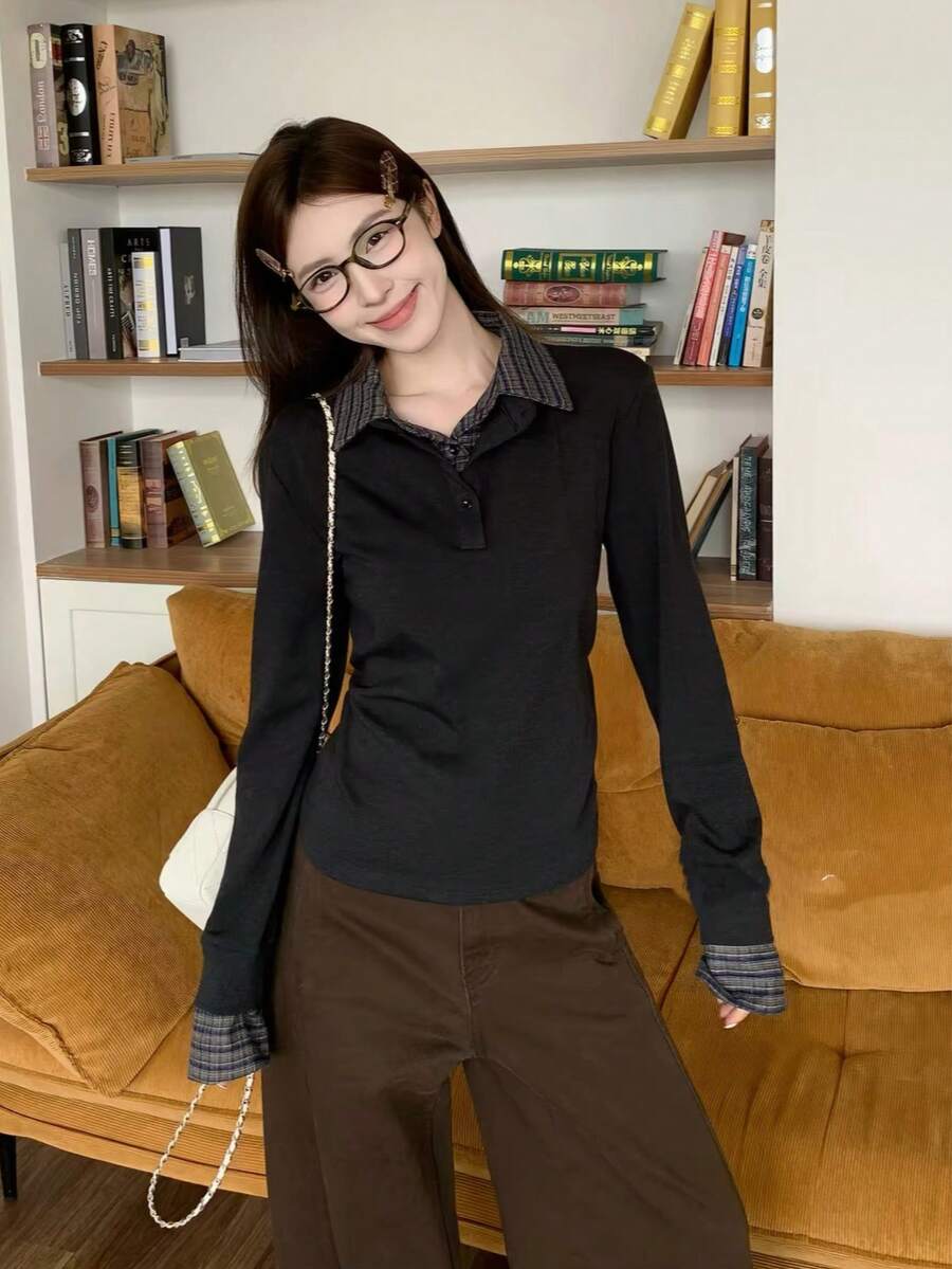 Plaid Patchwork Polo Collar 2 In 1 Long Sleeve T-Shirt Women Thin Fleece Single Wear Base Layer Top - Dark Grey - View 1