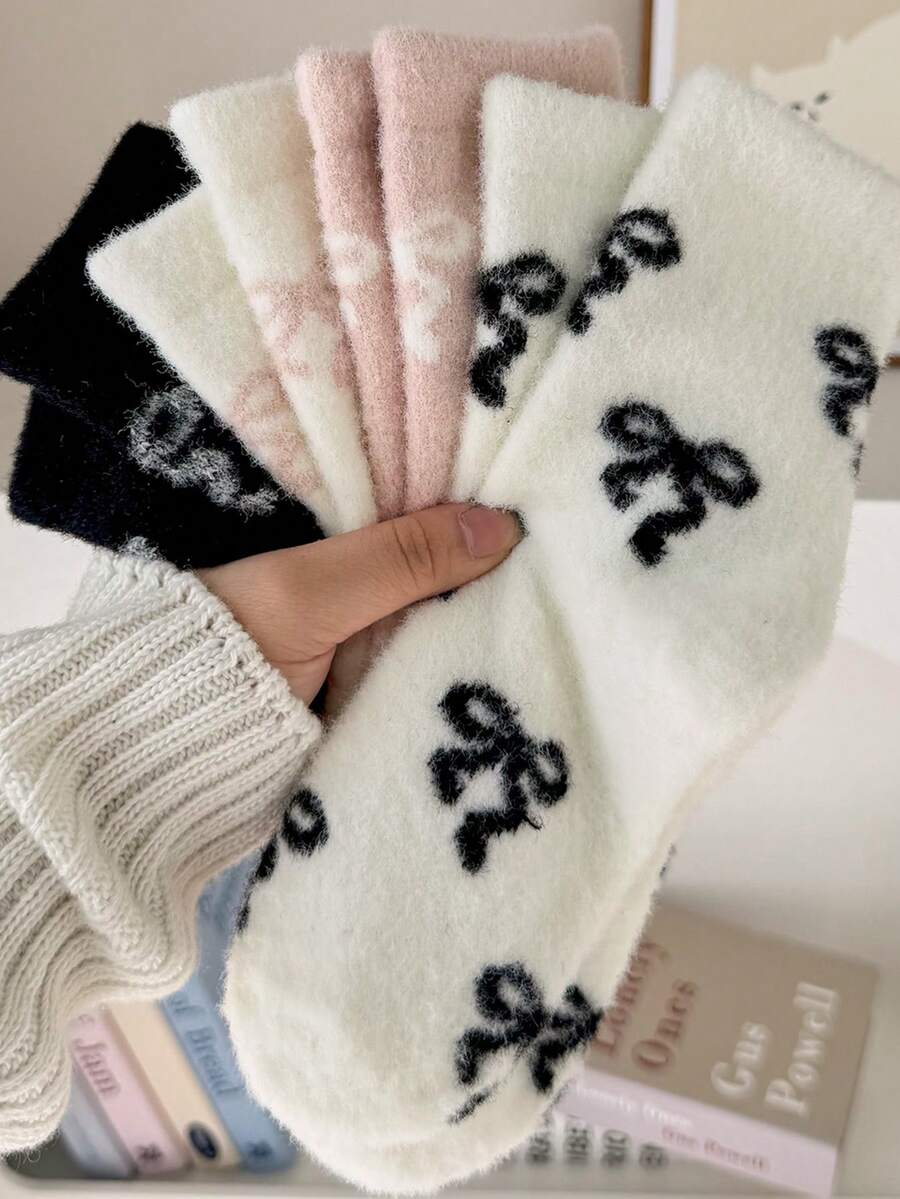 4/2 Pairs Soft Cute Bow Pattern Mink Fur Mid-Calf Socks, Non-Slip Comfortable Warm, Suitable For Autumn/Winter - Multicolor - View 1
