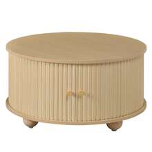 Coffee Table And TV Unit Set, Round Coffee Table With Curved TV Unit, Surrounding Vertical Relief Structure, Sliding Doors, MDF Body, Metal Handles, Spherical Metal Legs, Versatile Storage Space. - 天然纖維+中密度纖維板 - 查看 8