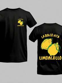 Men's Pure Cotton T-Shirt, Soft Double-Sided Printed Italian Lemon La Dolce Vita Pattern Summer Crew Neck Top - Black - View 1