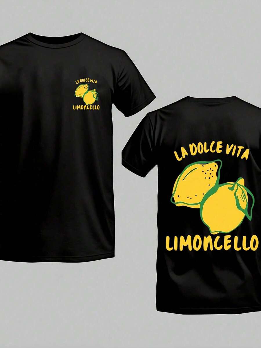 Men's Pure Cotton T-Shirt, Soft Double-Sided Printed Italian Lemon La Dolce Vita Pattern Summer Crew Neck Top - Black - View 1