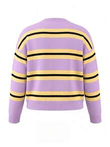 Women's Plus Size Lavender Yellow Striped Pullover Sweater, Long Sleeve, Regular Fit, Medium Stretch Fabric, Suitable For Spring Wear, Casual Preppy Style - Multicolor - View 9